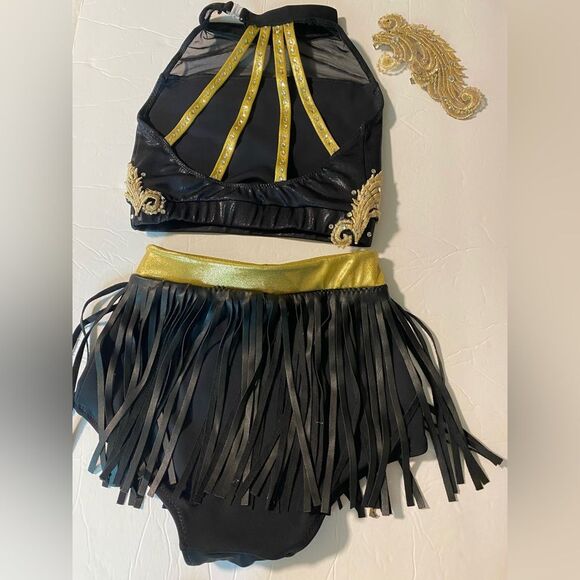 Custom glamorous mature solo dance costume 2 piece leather fringe black MC LC - Picture 5 of 15